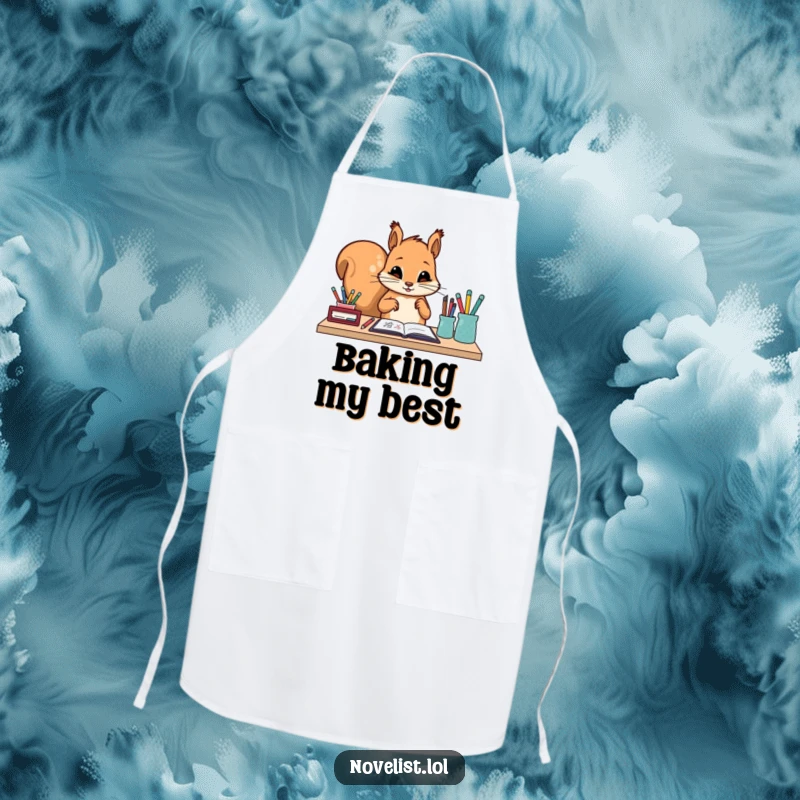 Funny apron showing a diligent squirrel character carefully arranging writing tools on a desk. Humorous and practical kitchen wear.