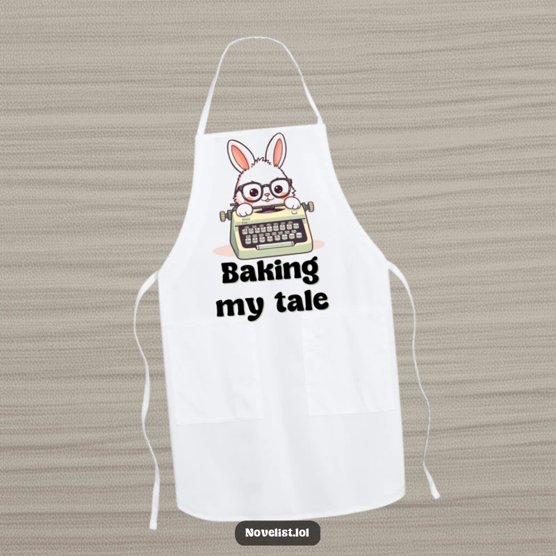 Funny apron with a fluffy rabbit wearing crooked glasses, typing on a vintage typewriter, perfect for kitchens or craft rooms.