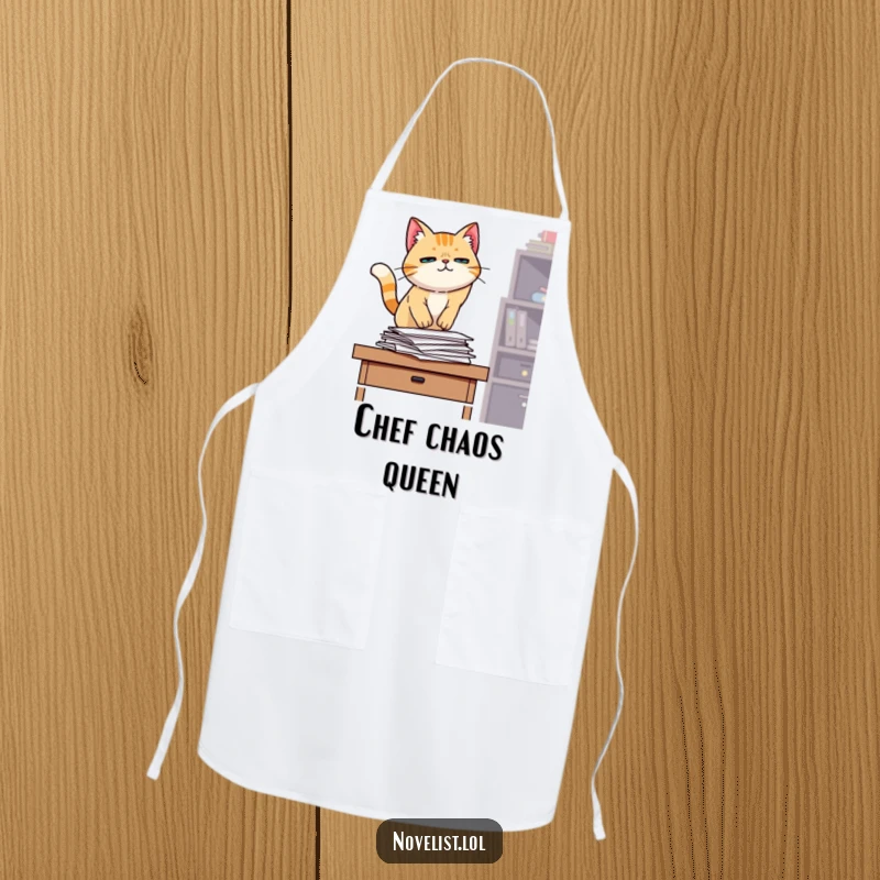 Funny cooking apron, determined cat jumping onto desk, papers, office chaos, humorous kitchen wear for funny gift recipients.