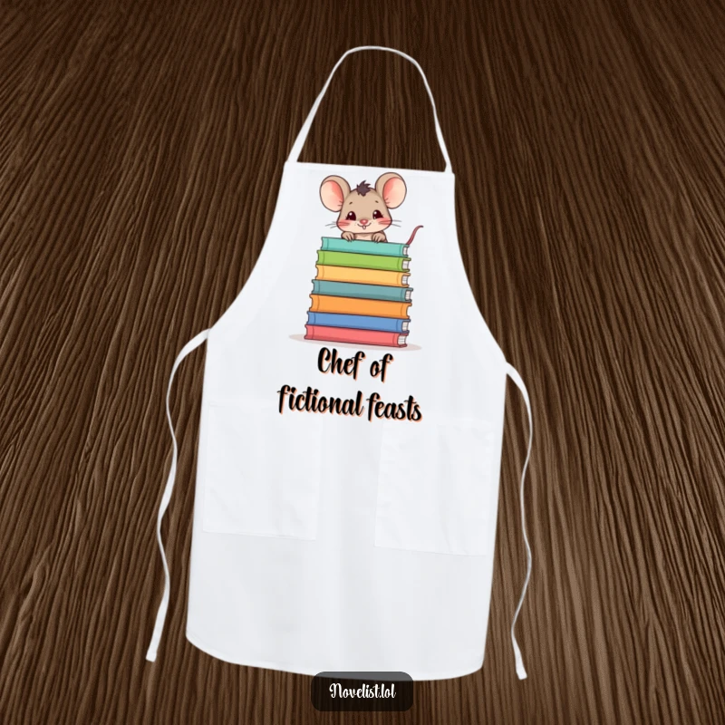 Funny chef apron featuring a mischievous mouse peeking over a stack of books, perfect for cooks with a sense of humor.