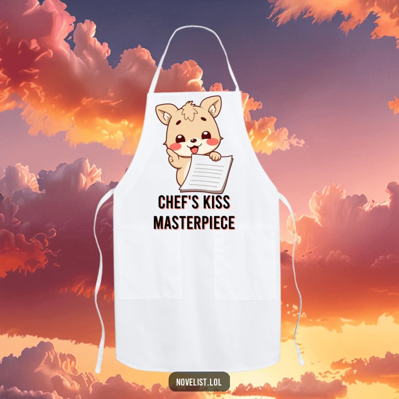 Funny apron showing a cute animal character passionately pointing at a manuscript with a proud smile, ready to impart wisdom.