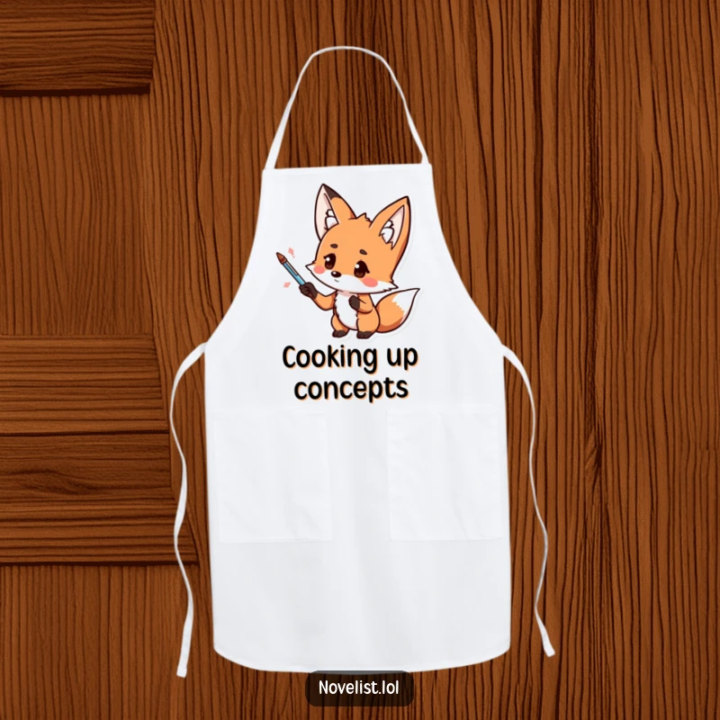 Funny cooking apron, kawaii fox with pen, dramatic gesture, thoughtful expression, ideal for kitchen creatives and funny gift recipients.