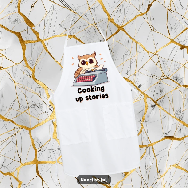 Funny apron with a wise owl pecking a typewriter, keys flying, ideal for a creative funny gift.