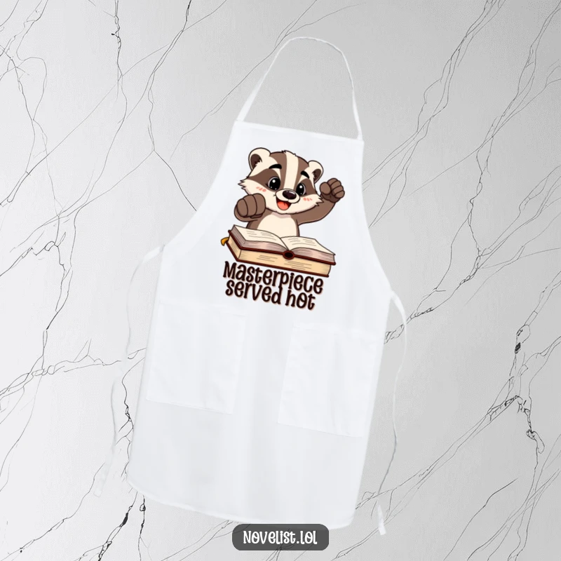 Funny cheerful badger character slamming a fist on a written page on a practical apron, blending culinary and authorial humor.