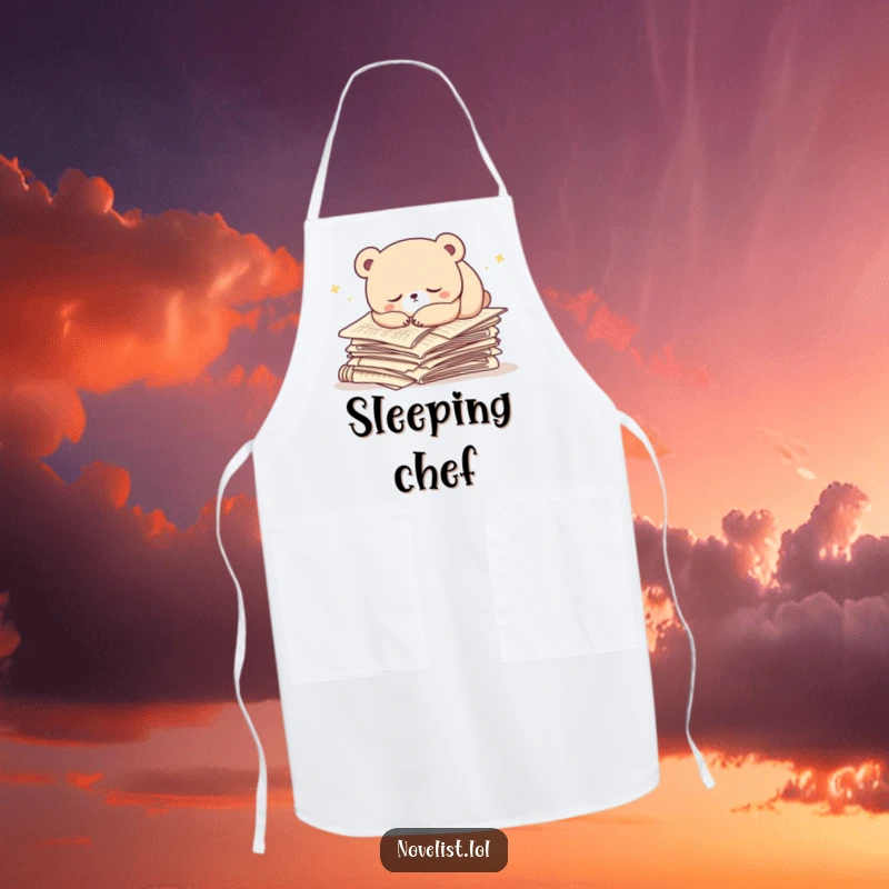 Funny apron showing a sleepy bear character napping on manuscript papers. Humorous and practical kitchen wear.