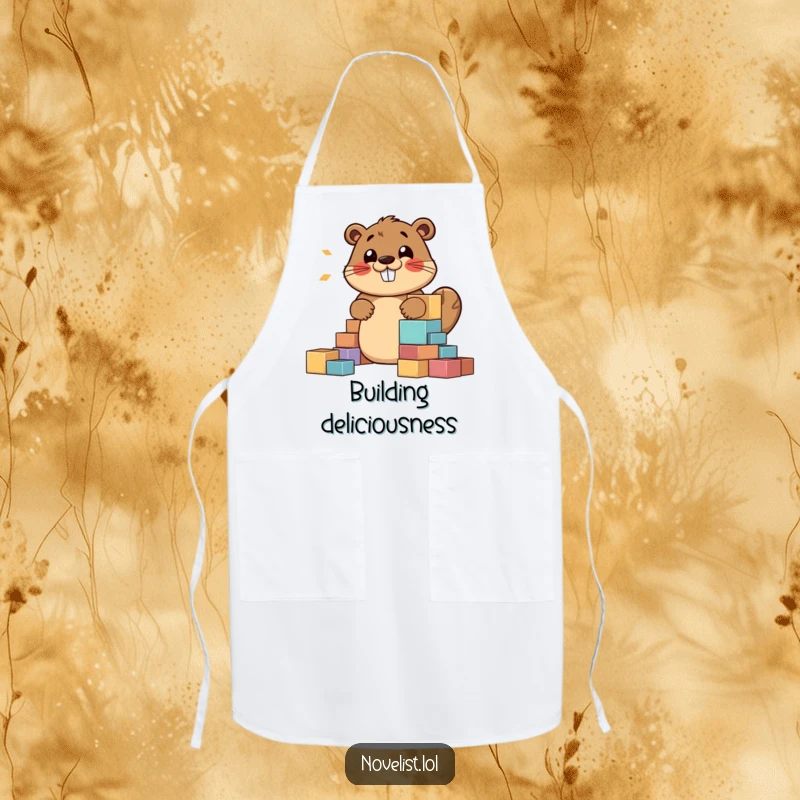 Funny apron featuring a jovial beaver building a story structure with blocks, humming happily, perfect for cooks and storytellers.