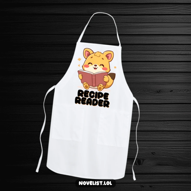 Funny apron with an animated animal reading a book aloud, perfect for dramatic cooking and reading, a great funny gift.