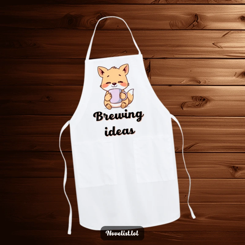 Funny Apron: Durable fabric showing an animal character lost in thought with a steaming mug, perfect for adding humor to cooking or baking.