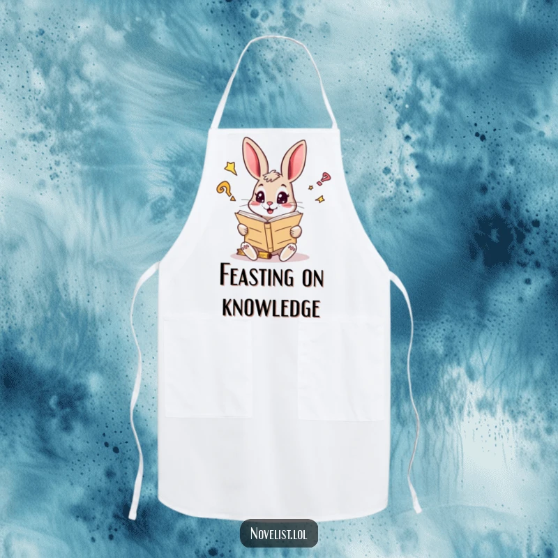 Funny apron with a curious rabbit reading a giant manuscript, eyes sparkling, ideal for a funny gift.