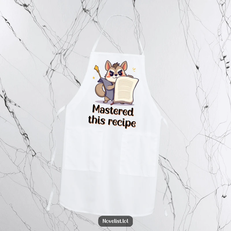 Funny determined animal wrestling a giant manuscript, printed on a practical kitchen apron.