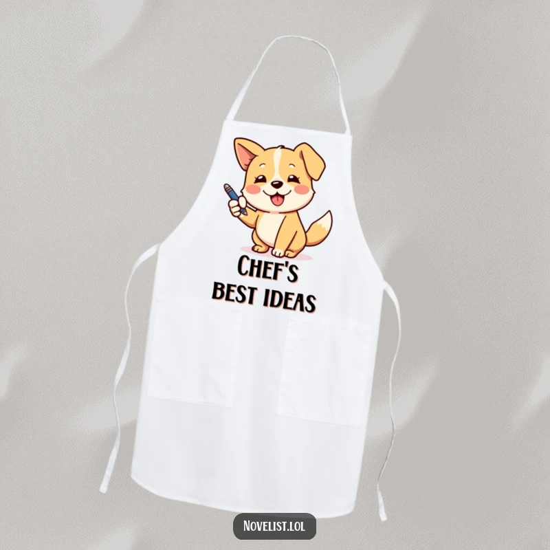 Funny apron with a playful dog wagging its tail and using a pen to make a dramatic gesture, great for creators.