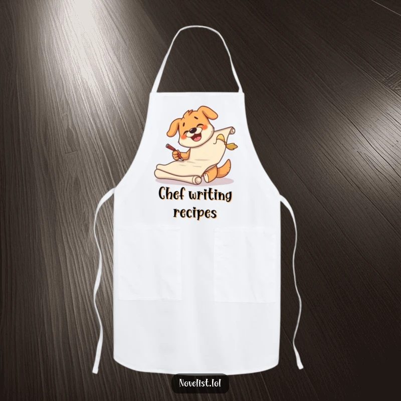 Funny dog apron showing a giggling character with a scroll, enthusiastically scribbling away in the kitchen.