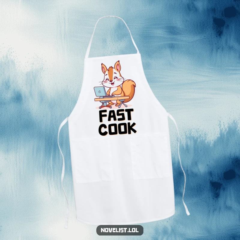 Funny Apron with a squirrel typing rapidly on a tiny desk, perfect for cooks who work with speed and cheer.