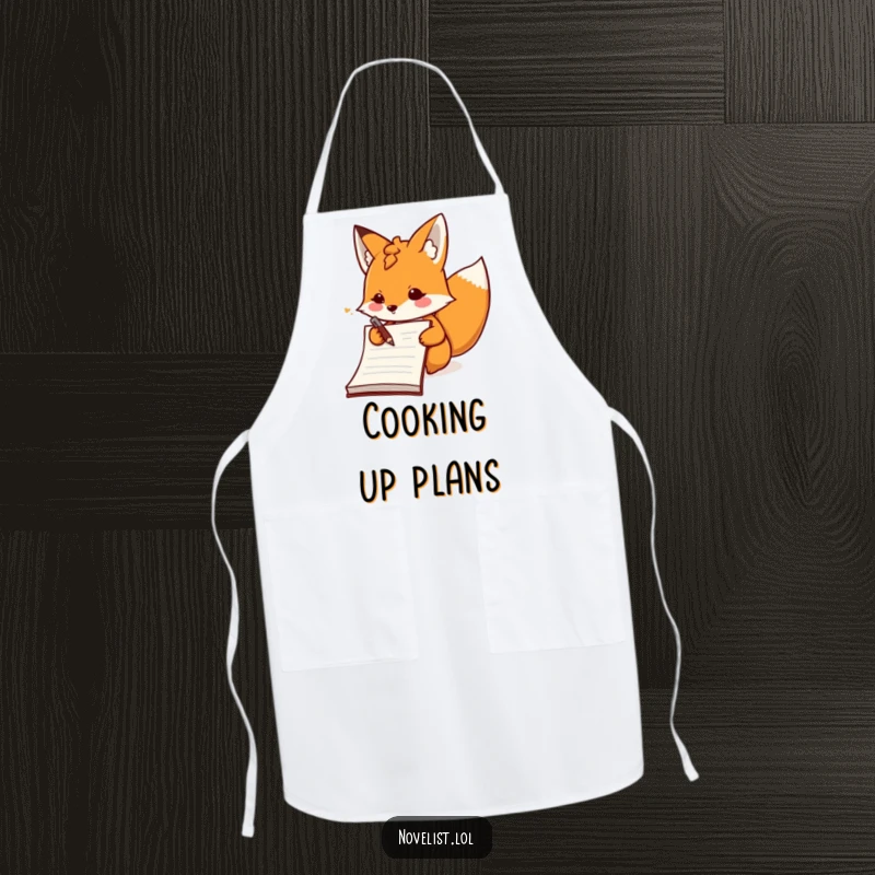 Funny determined fox character writing in a notebook on a practical apron, blending creative and culinary humor.