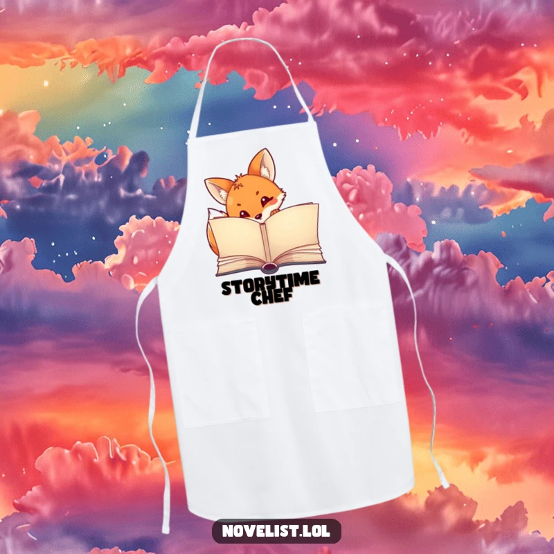 Funny apron depicting a curious fox peeking out from an open storybook, adding whimsical charm to kitchen activities.