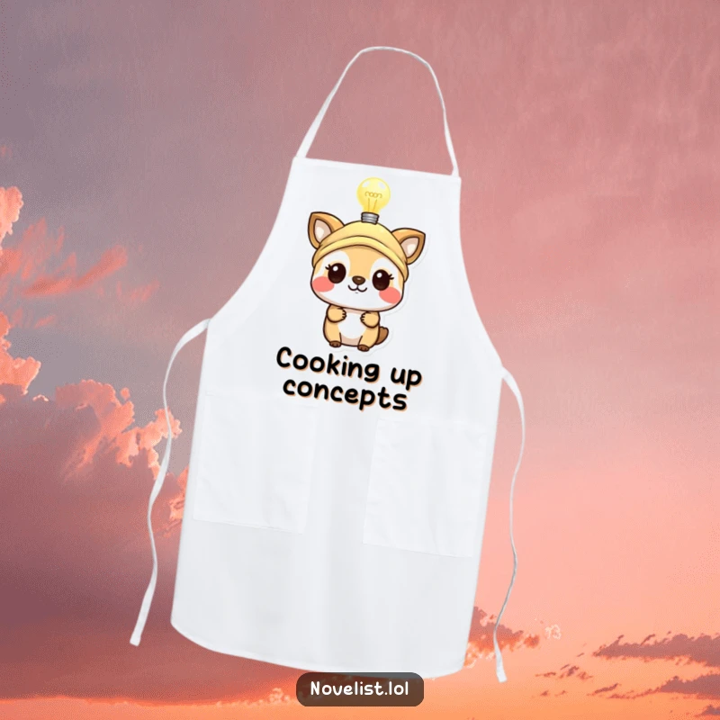 Funny apron showing a small animal with a thinking cap and lightbulb, perfect for chefs who cook up brilliant ideas.