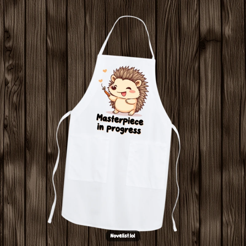 Funny artist apron featuring a small hedgehog gleefully adding a flourish to a drawing, perfect for creative cooks and crafters.