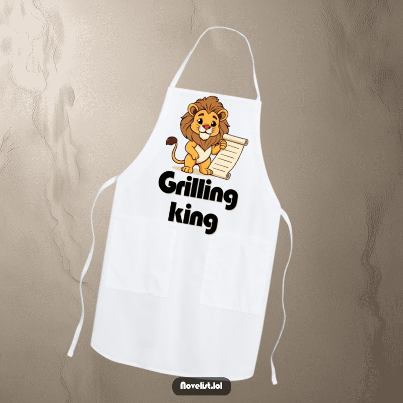 Funny apron showing a proud lion in a regal pose next to a manuscript. Humorous and practical kitchen wear.