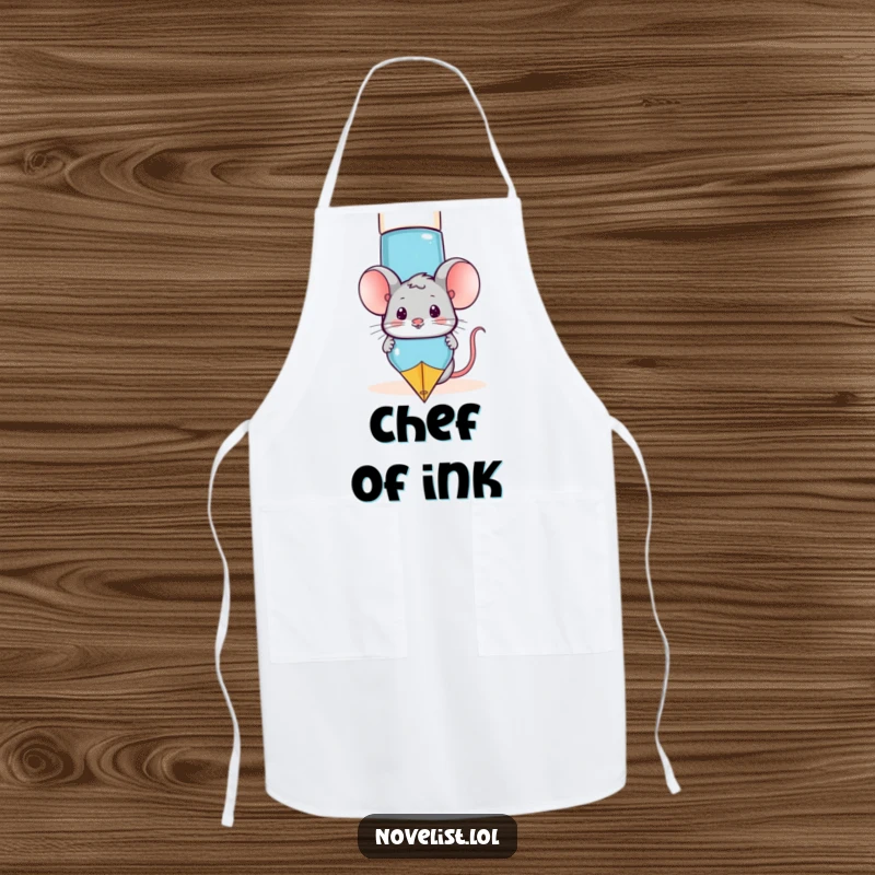 Funny mouse character peeking out from behind a large fountain pen, a humorous and practical apron for creators.