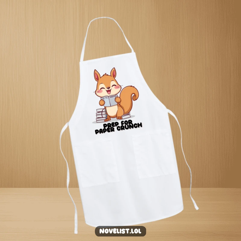 Funny Apron: Diligent squirrel organizing papers with glee, perfect for keeping tidy during creative tasks, a functional and funny gift.