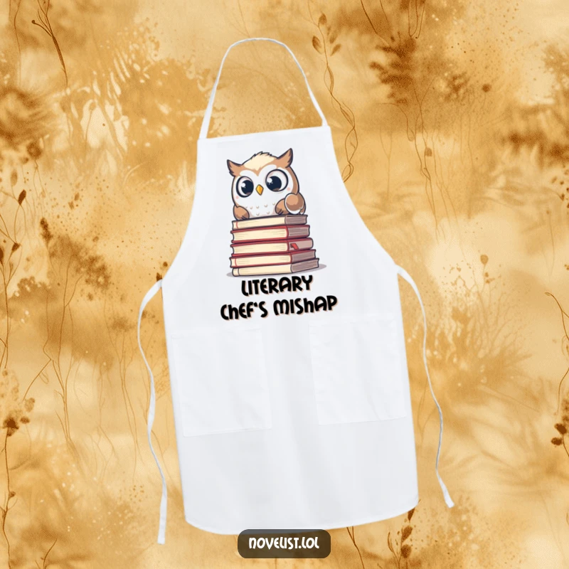 Funny apron featuring a surprised owl peeking from behind a stack of manuscripts, perfect for a humorous kitchen aesthetic.
