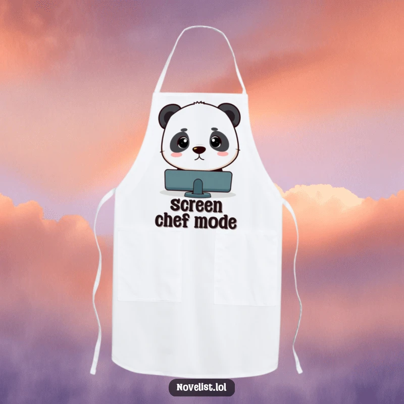Funny panda character intensely focused on a blinking computer cursor, a humorous and practical apron for coders.