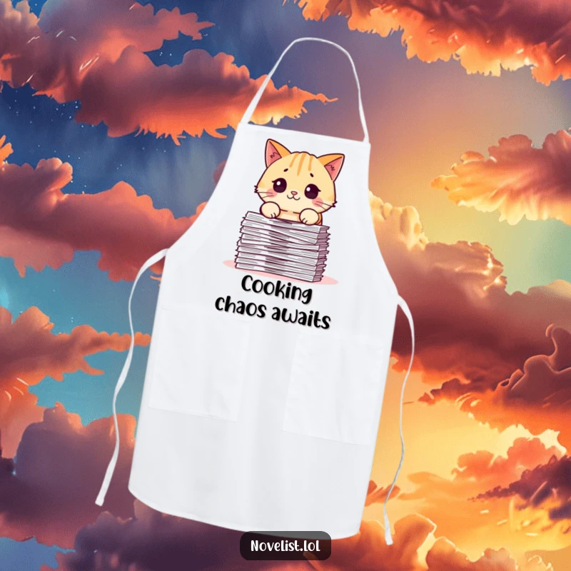 Funny apron showing a pudgy cat character looking surprised and overwhelmed, perhaps by a recipe or ingredients, for kitchen humor.
