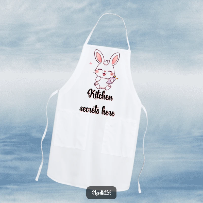 Funny cooking apron, winking rabbit scribbling notes, playful smirk, humorous kitchen wear for funny gift recipients.