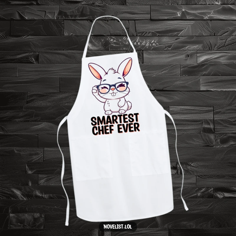 Funny apron with a winking rabbit adjusting reading glasses, perfect for adding witty humor to the kitchen.