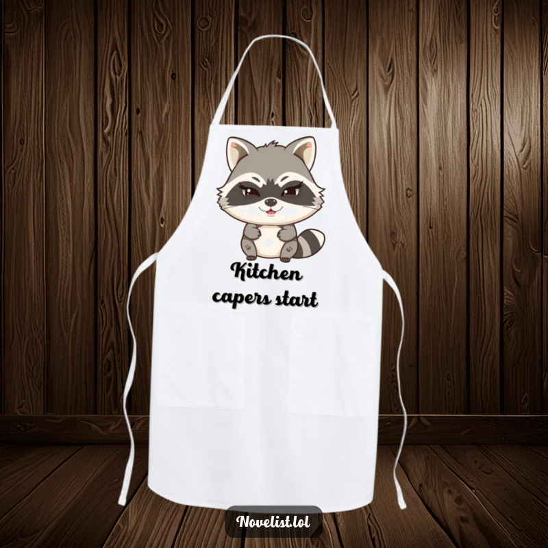 Funny apron featuring a witty raccoon character typing a secret story with a mischievous wink, perfect for cooks with secrets.