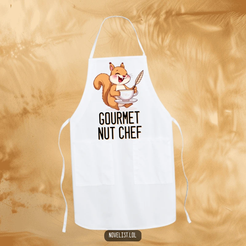Funny apron with a laughing squirrel balancing a teacup and a quill pen, perfect for adding witty humor to the kitchen.