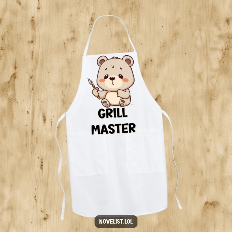 Funny Apron with a bear holding a quill pen, deep in thought, perfect for creative cooks and writers in the kitchen.