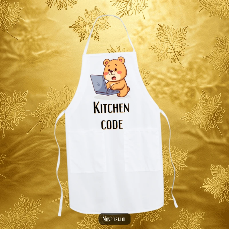 Funny Bear Typing Apron: Cute bear types on laptop with curious expression, a fun kitchen accessory.