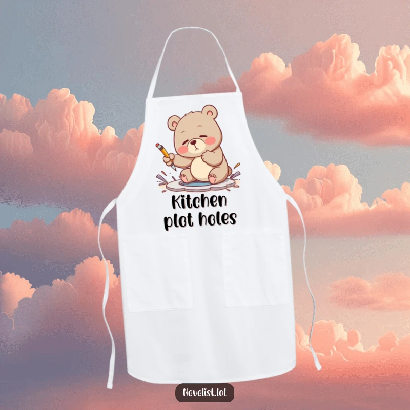 Funny apron showing a clumsy bear trying to swat a plot hole with a pen, adding humor to kitchen activities.