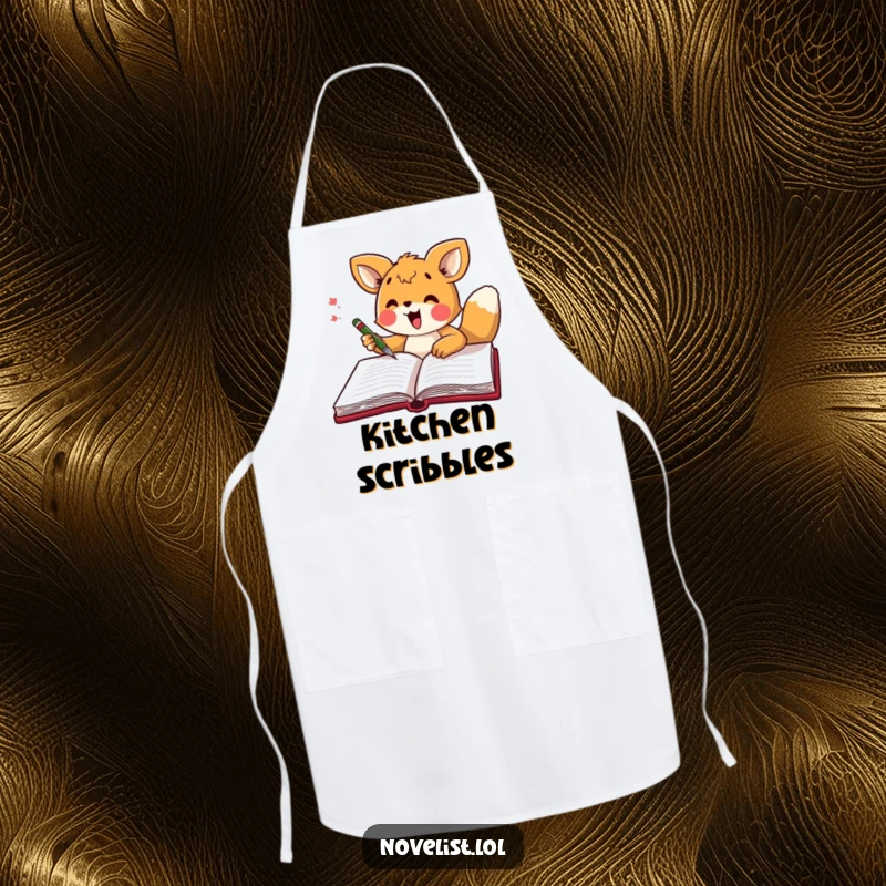Funny apron showing an excited animal character scribbling enthusiastically in a large open notebook, ready for artistic endeavors.
