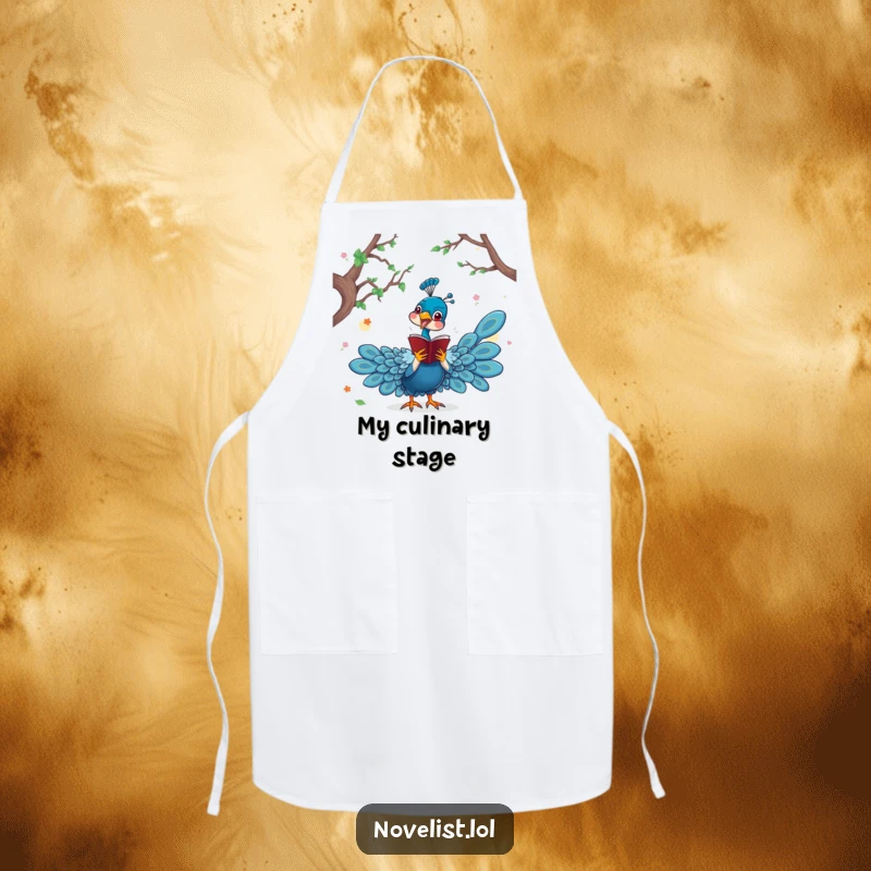 Funny apron featuring a dramatic peacock character acting out a scene from a novel, adding theatrical flair to cooking.