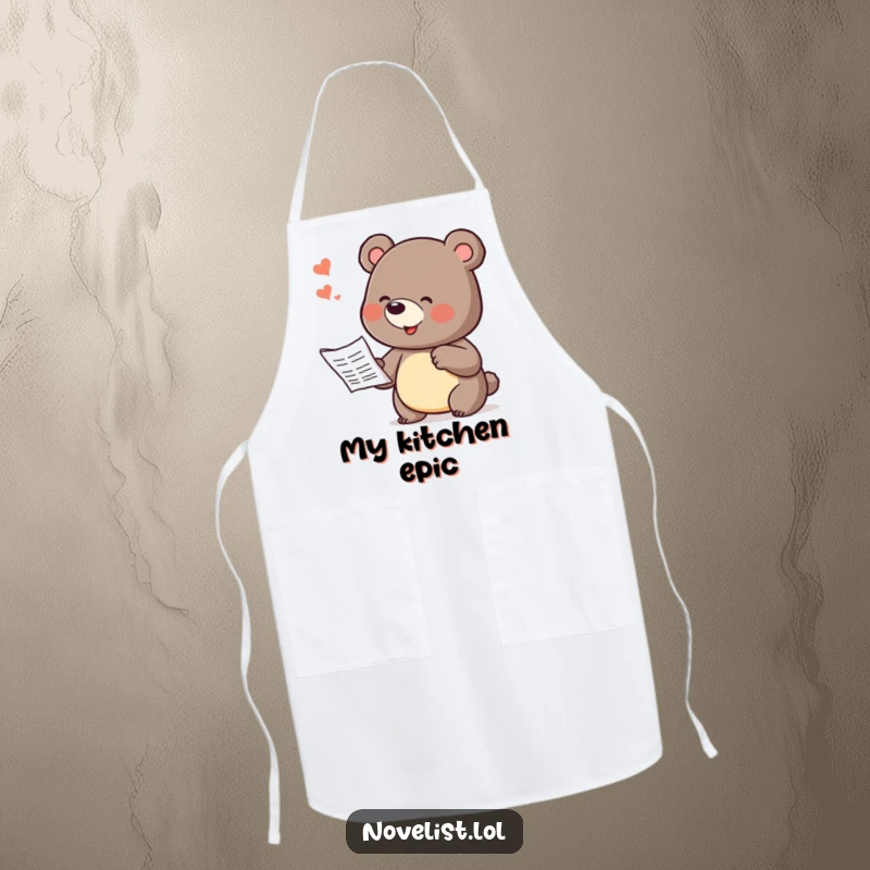 Funny apron showcasing a bear character dramatically dictating a story, ideal for chefs and cooks who bring passion and humor to the kitchen.