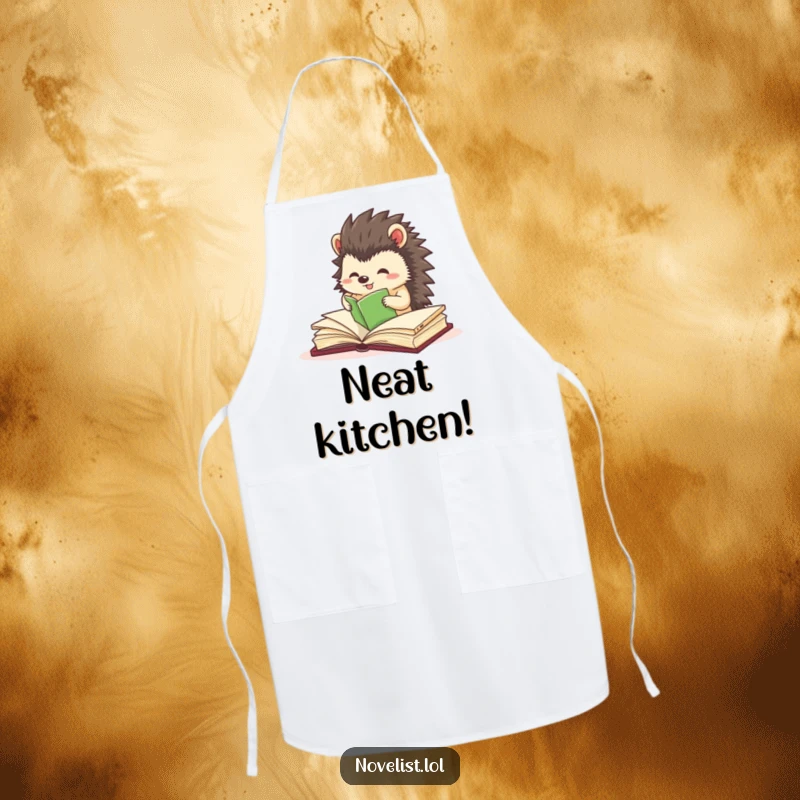 Funny apron with a small hedgehog character precisely organizing book pages, bringing neatness to culinary tasks.