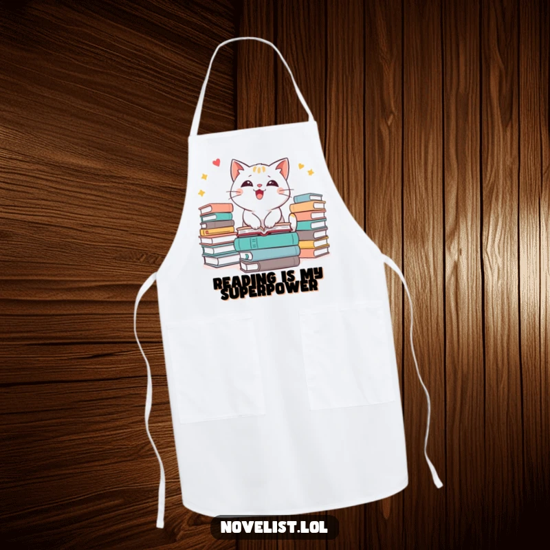 Funny cat apron featuring an excited character with stacks of books, ready to cook and read in the kitchen.
