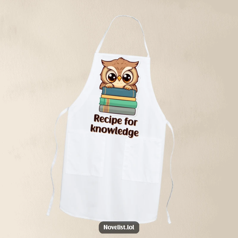 Funny cooking apron, wise owl peeking over books, wide eyes, intellectual and humorous kitchen wear for funny gift recipients.