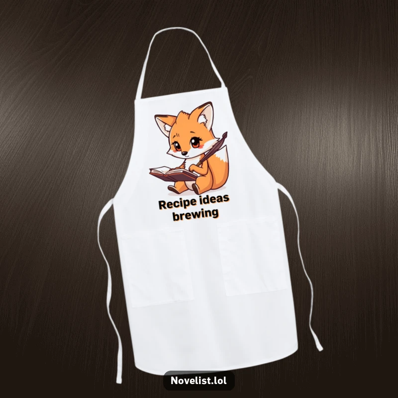 Funny apron with a creative fox focused on scribbling notes with a quill, ideal for a funny gift.
