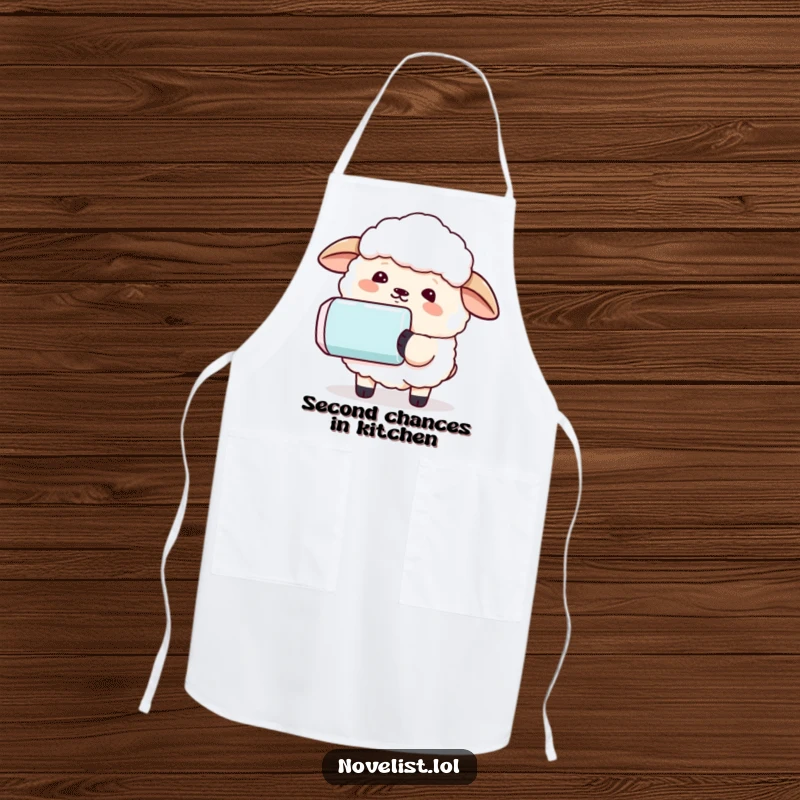 Funny chef apron featuring a sheep with a comically large eraser, humorously erasing a sentence, perfect for cooks with a sense of humor.