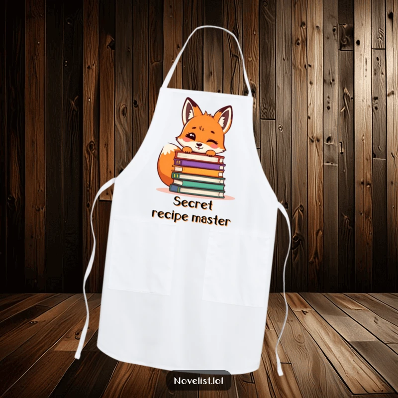 Funny Fox Apron: A giggling fox peeking from behind a pile of books, perfect for kitchen bookworms.