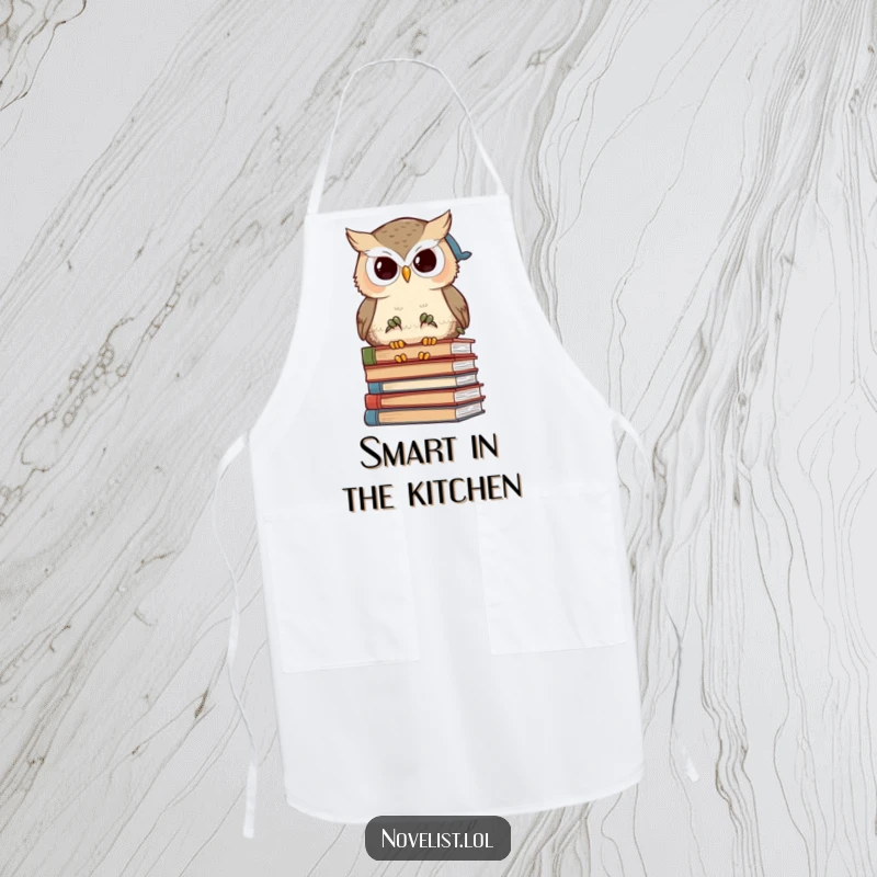 Funny wise owl character pondering recipes amidst books on a practical apron, blending culinary and scholarly humor.
