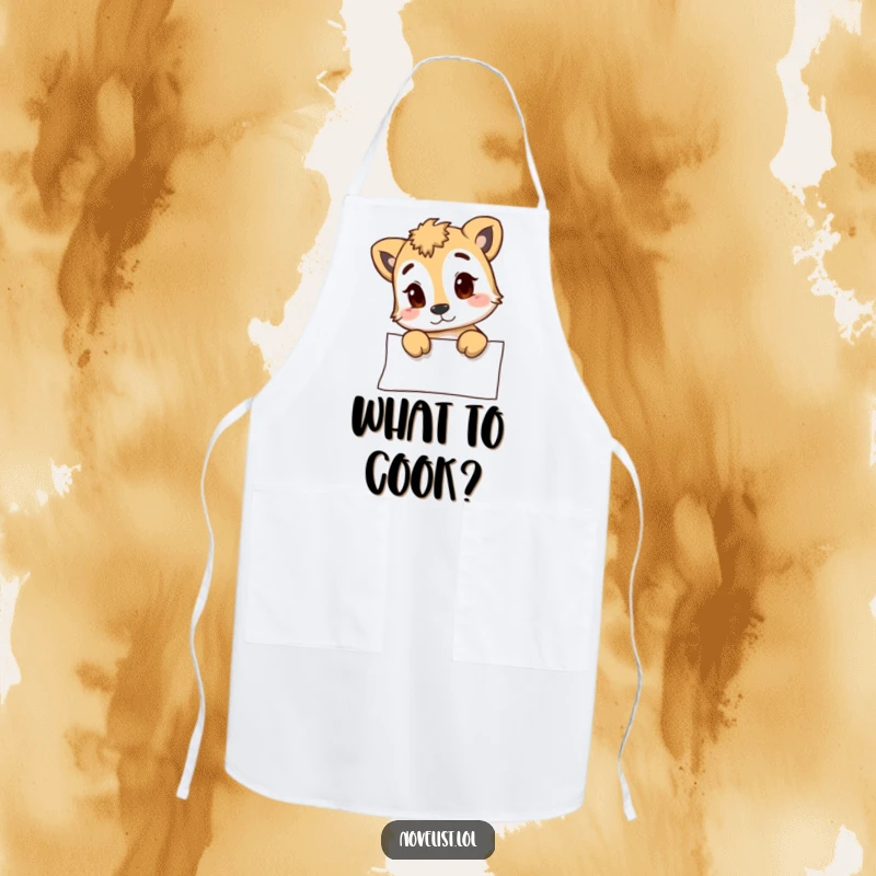 Funny apron showing an animal character contemplating a blank recipe page, perfect for cooks and a great funny gift for the kitchen.