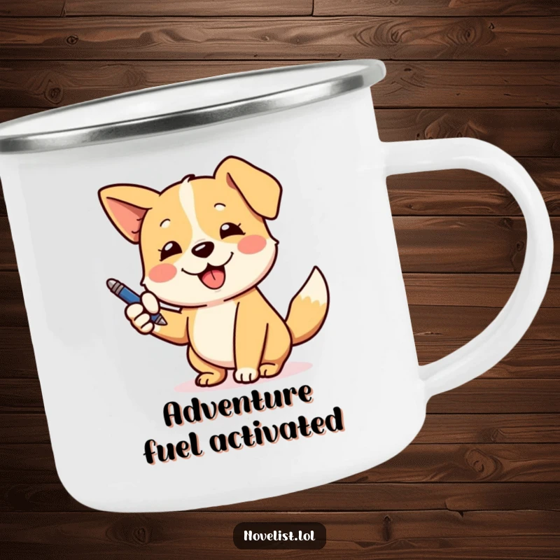 Funny camping mug with a playful dog wagging its tail and using a pen to make a dramatic gesture, great for adventurers.