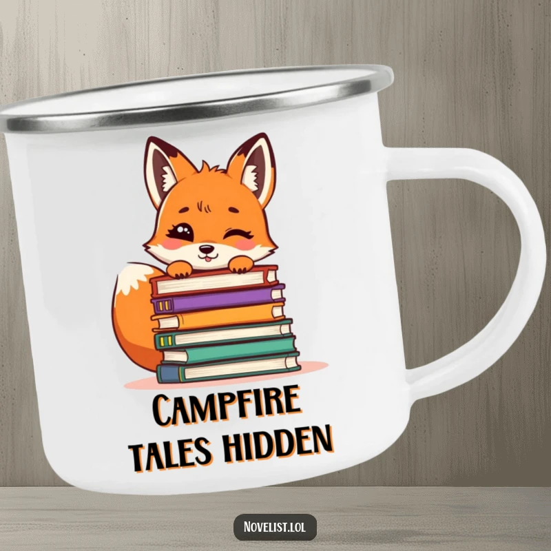 Funny Fox Camping Mug: A giggling fox peeking from behind a pile of books, ready for outdoor reading adventures.