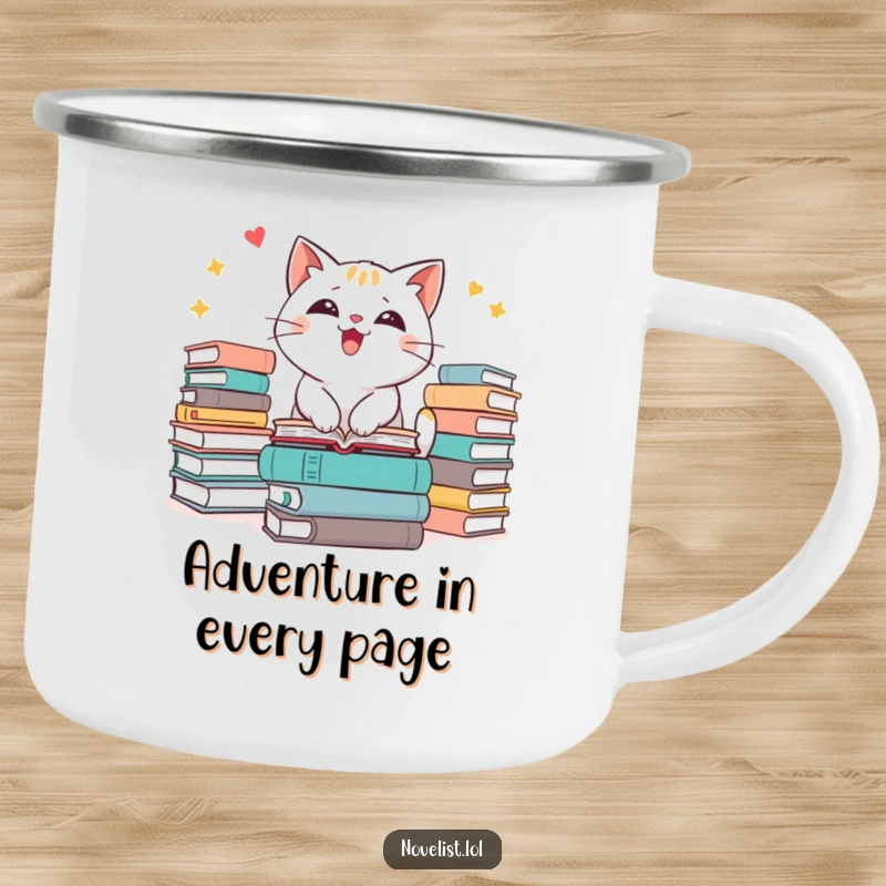 Funny cat camping mug depicting an excitable character surrounded by books, ready for outdoor reading adventures.
