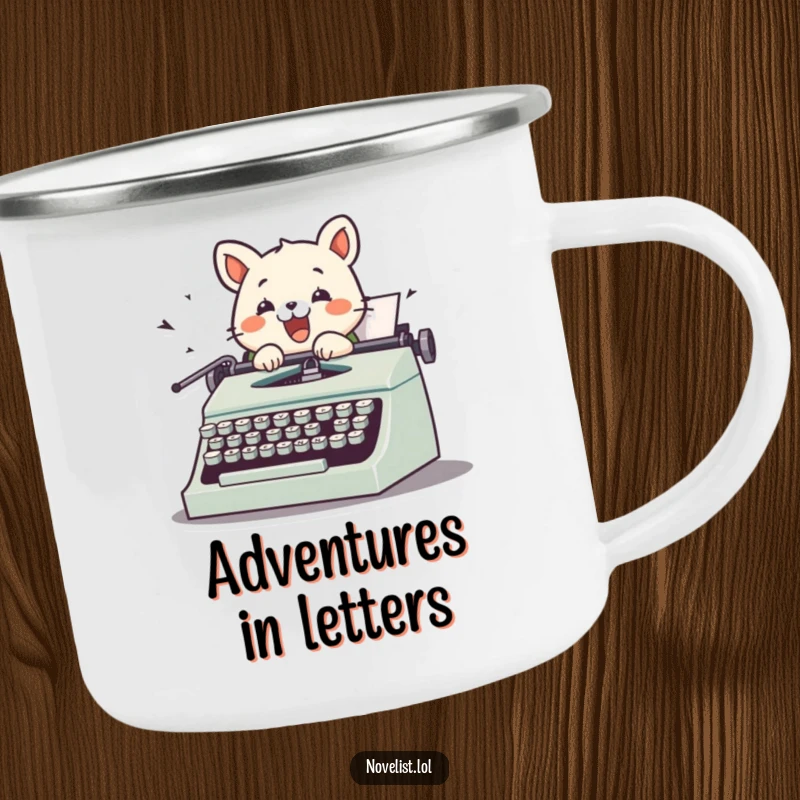 Funny camping mug with a cute animal character typing on a vintage typewriter, keys flying, ideal for outdoor adventures and humorous moments.