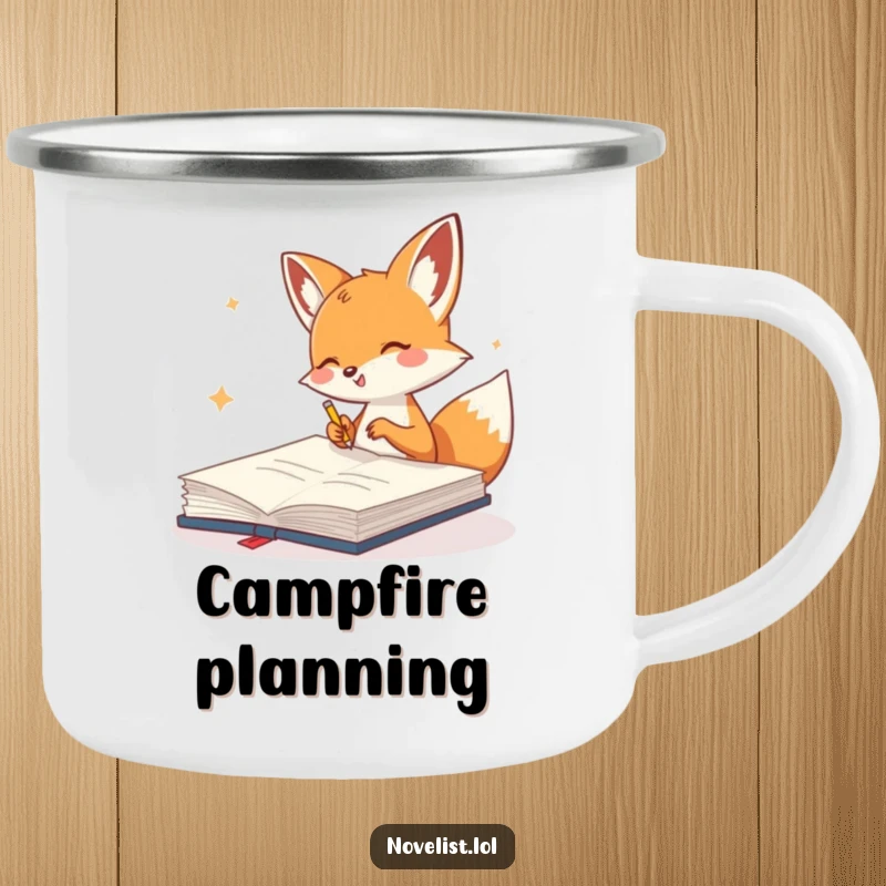 Funny Camping Mug with a cute fox gleefully scribbling in a giant notebook, perfect for outdoor creative sessions.